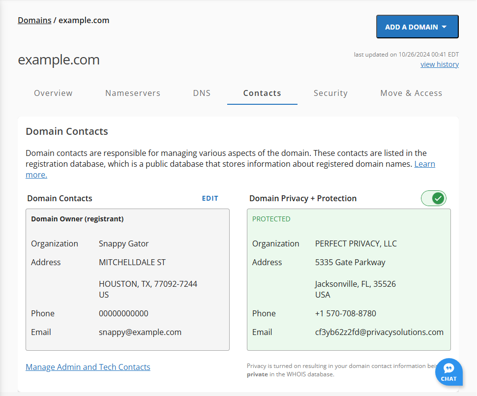 Domains tab - Domain Contacts