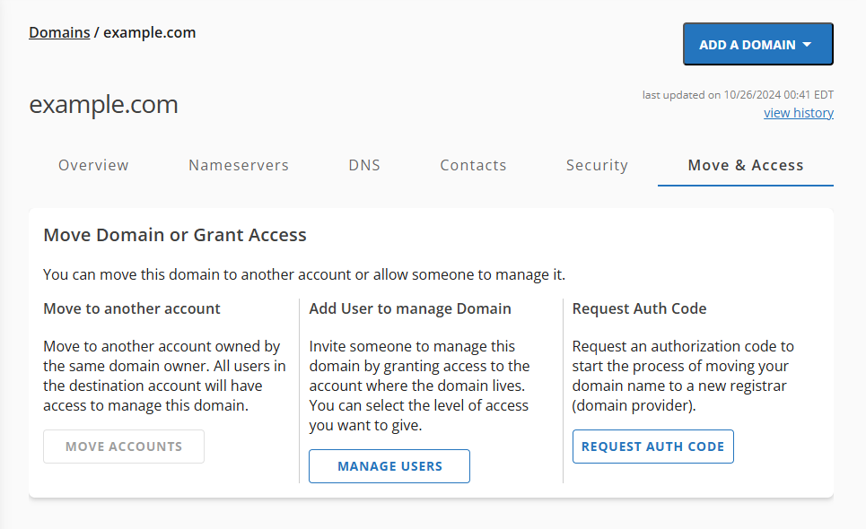 Domains tab - Domain Move &amp; Access