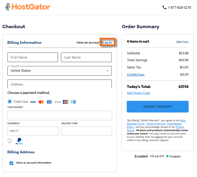Domains Shopping Cart - Sign up or Login
