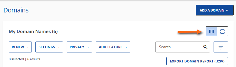 Customer Portal - Domains tab - List and Card Views
