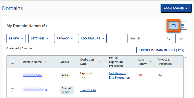 Customer Portal - Domains tab - List View