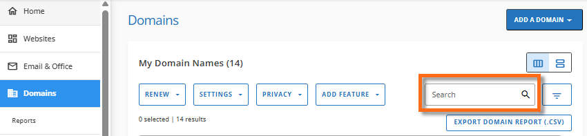 Customer Portal - Domains tab - Search box