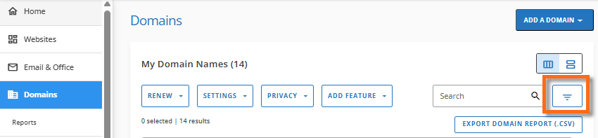 Customer Portal - Domains tab - Filter domains