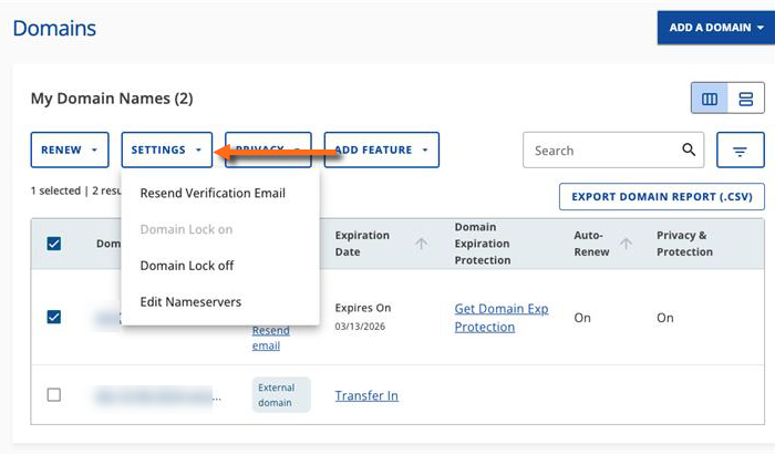 Customer Portal - Domains tab - Settings