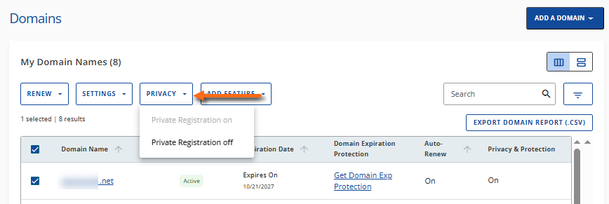 Customer Portal - Domains tab - Privacy