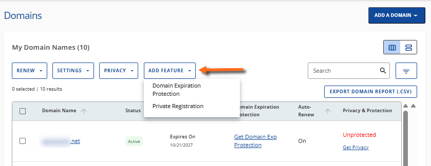 Customer Portal - Domains tab - Add Feature
