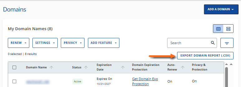 Customer Portal - Domains tab - Export Domain Report (.csv)