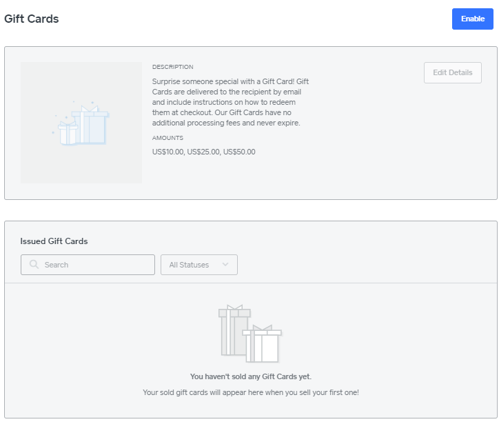 Weebly - Items Tab - Gift Cards
