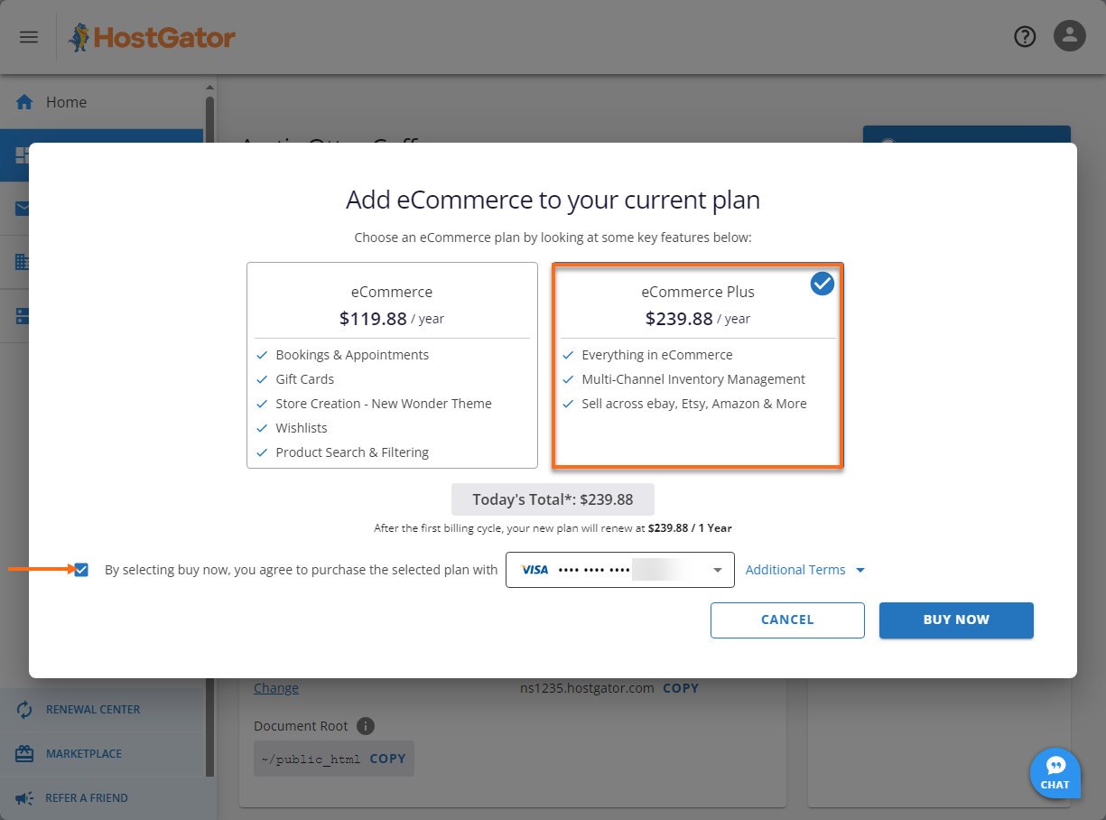HostGator Customer Portal - Websites Store Plan select plan