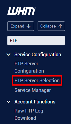 FTP Server Selection WHM — Access the FTP Server Selection
