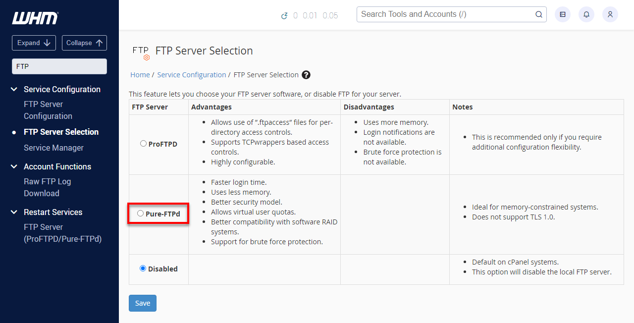 WHM — Select an option in FTP Server Selection FTP Server Selection is disabled