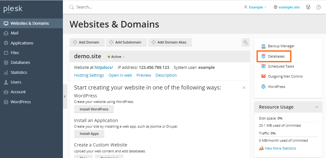 Plesk - Database menu