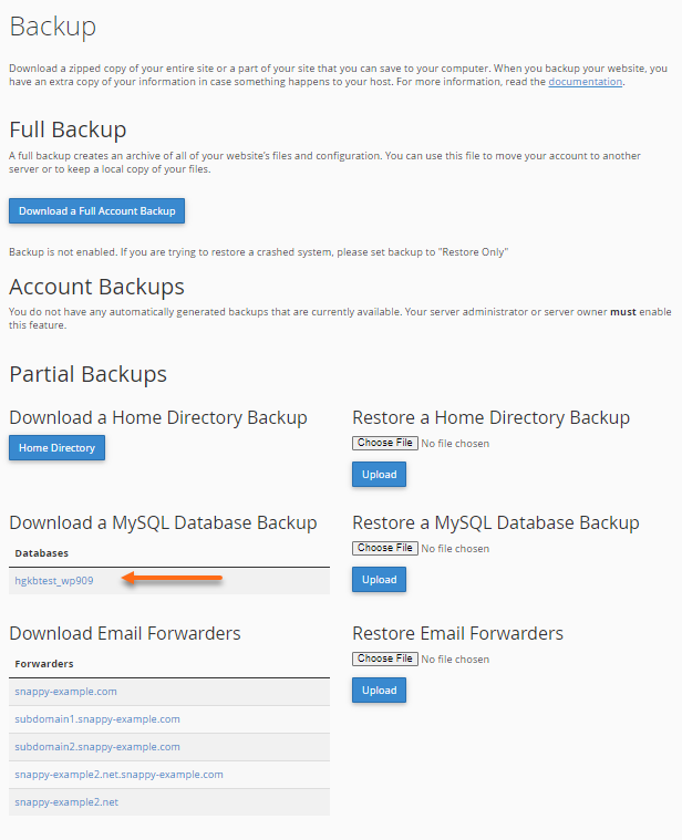 cPanel - Backup - Select your Database