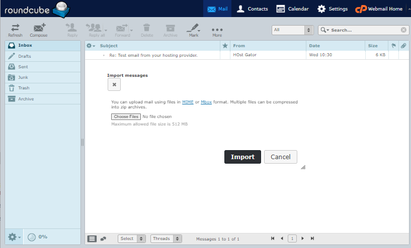 Roundcube - Import messages pop-up window