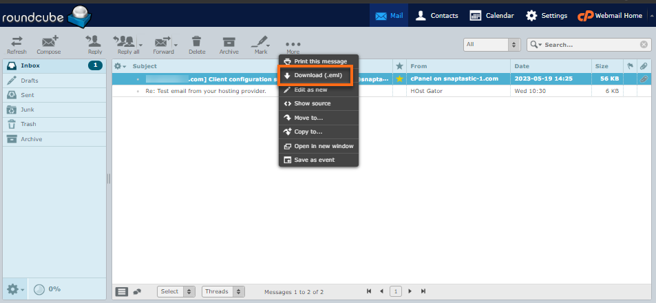 Roundcube - More - Export