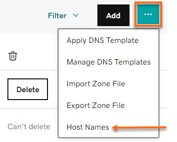 GoDaddy Options menu (...) Host Names