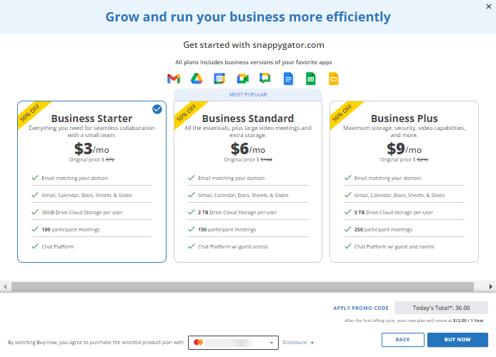 Google Workspace - Select Google Workspace plan