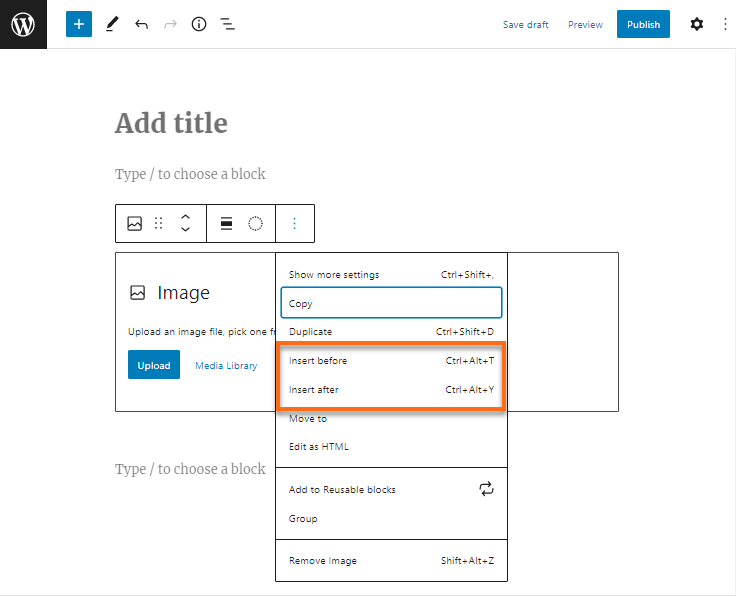 Insert before or after blocks