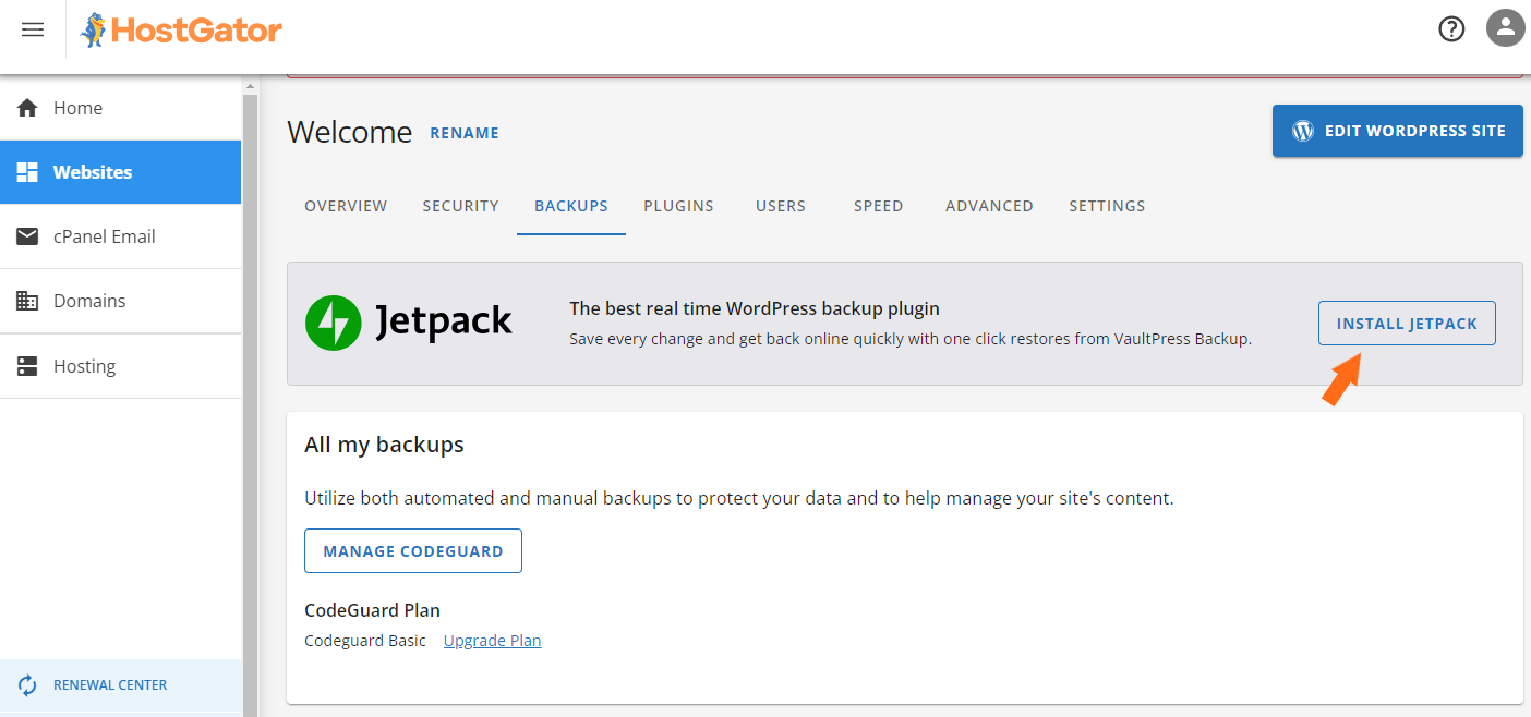 HostGator Install Jetpack