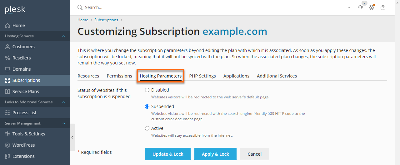 HostGator Plesk - Subscriptions Hosting Parameters