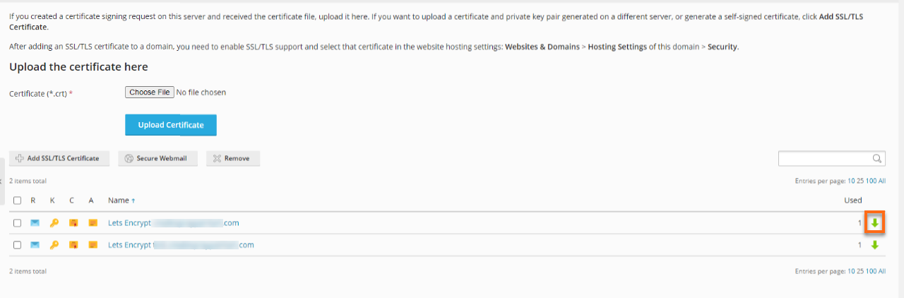 HostGator Plesk Download or remove Existing Certificates