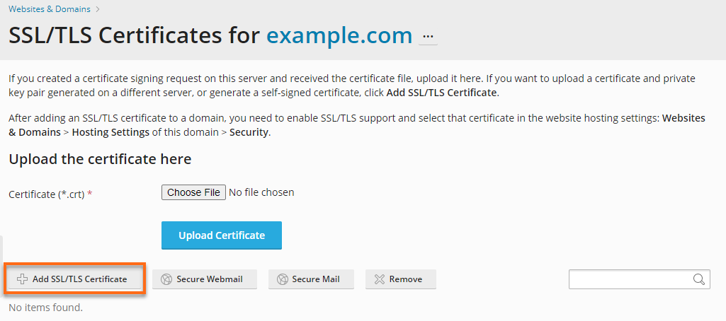 Plesk - SSL/TLS Manage Add SSL/TLS