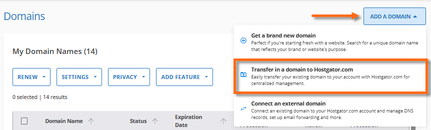 Customer Portal - Domains tab - Transfer a domain to HostGator.com