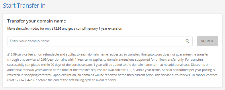 Customer Portal - Enter domain to transfer to us
