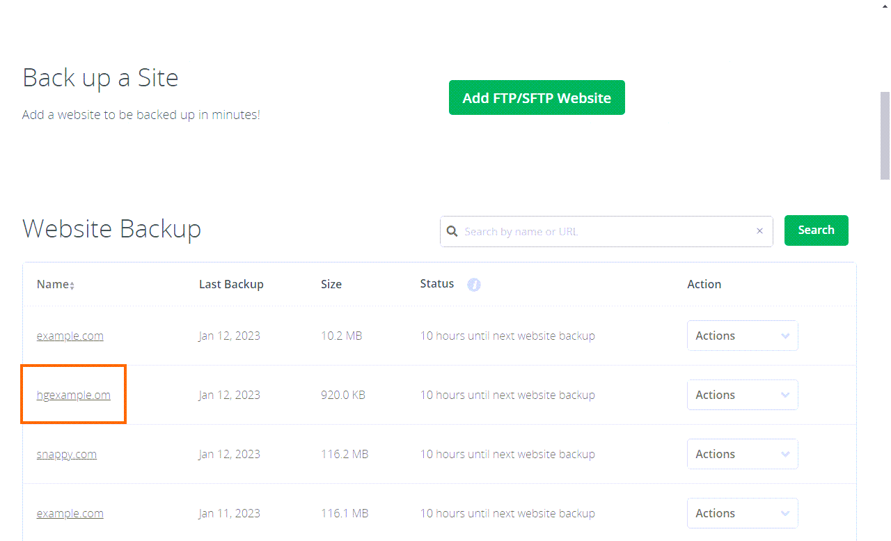 Select Website to Backup