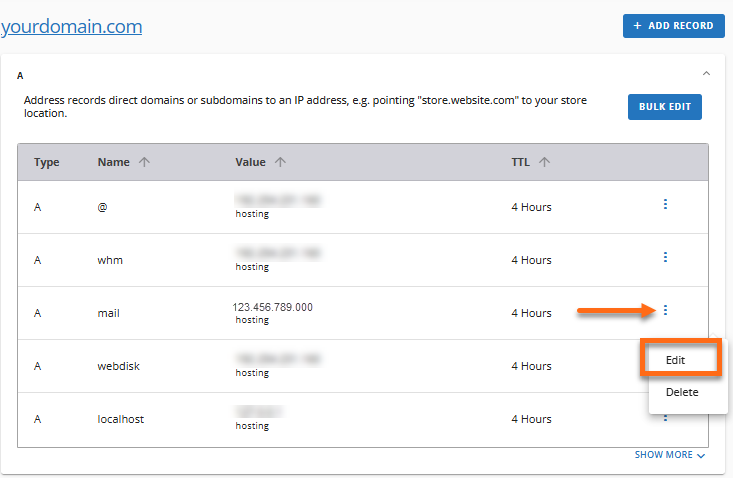 Edit mail's A Records