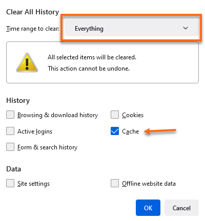 Firefox - Clear All History - Select data type