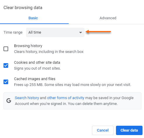 Google Chrome - Clearing browser data - Time Range