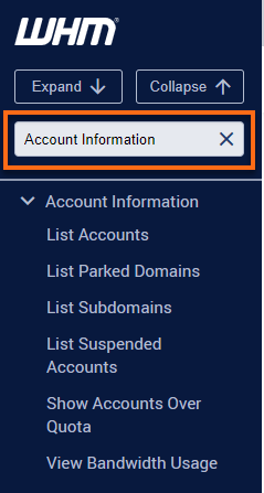 WHM - Search box (left panel)