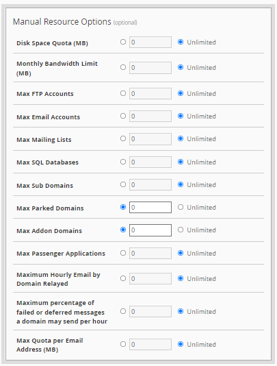 WHM - Create a New Account - Package - Manual Resource Options