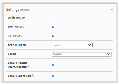WHM - Create a New Account - Settings