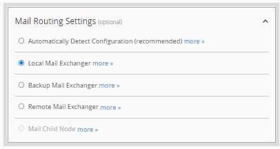 WHM - Create a New Account - Mail Routing Settings