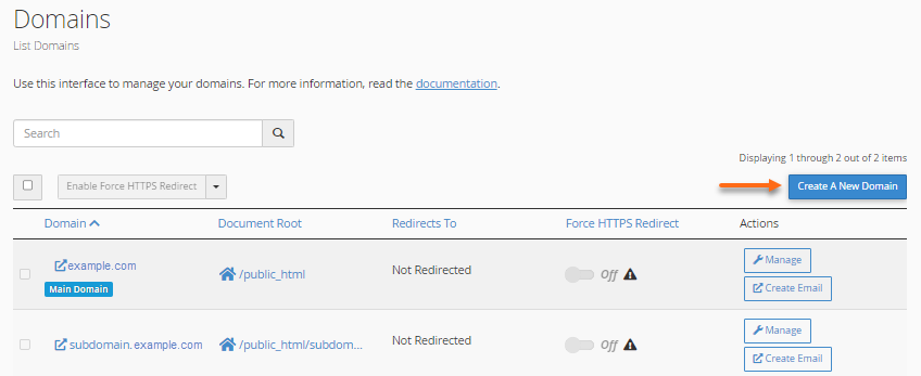 cPanel - Create a new domain