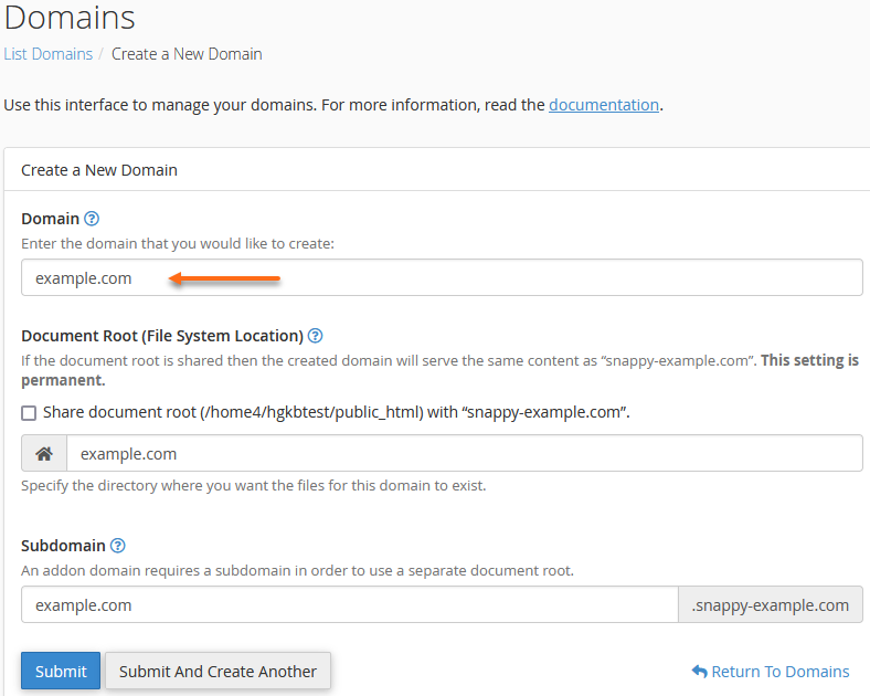 cPanel - Enter domain name