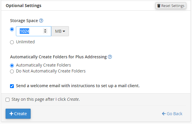 Email Accounts - Optiona Settings
