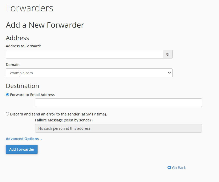 Email Forwarders - Enter Details