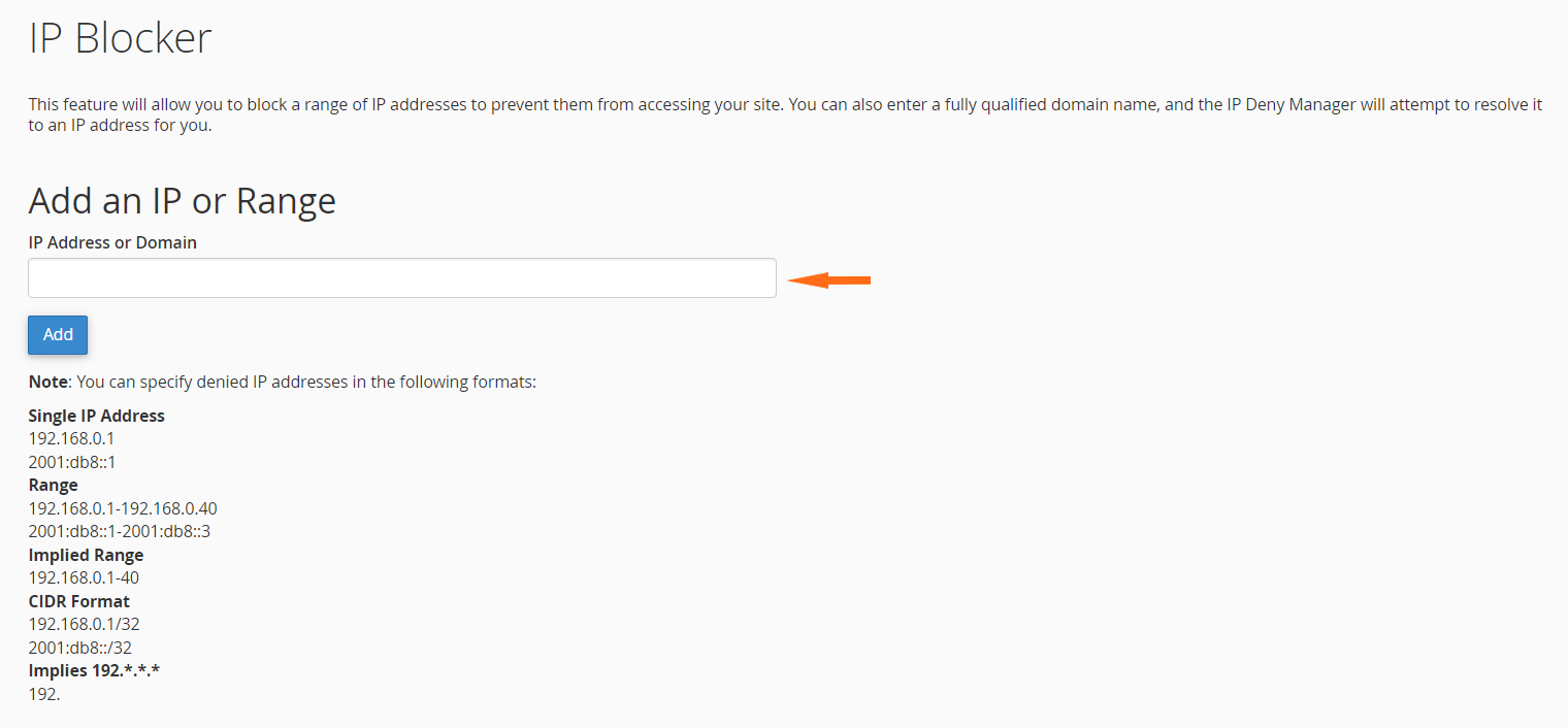 HostGator Block an IP address section