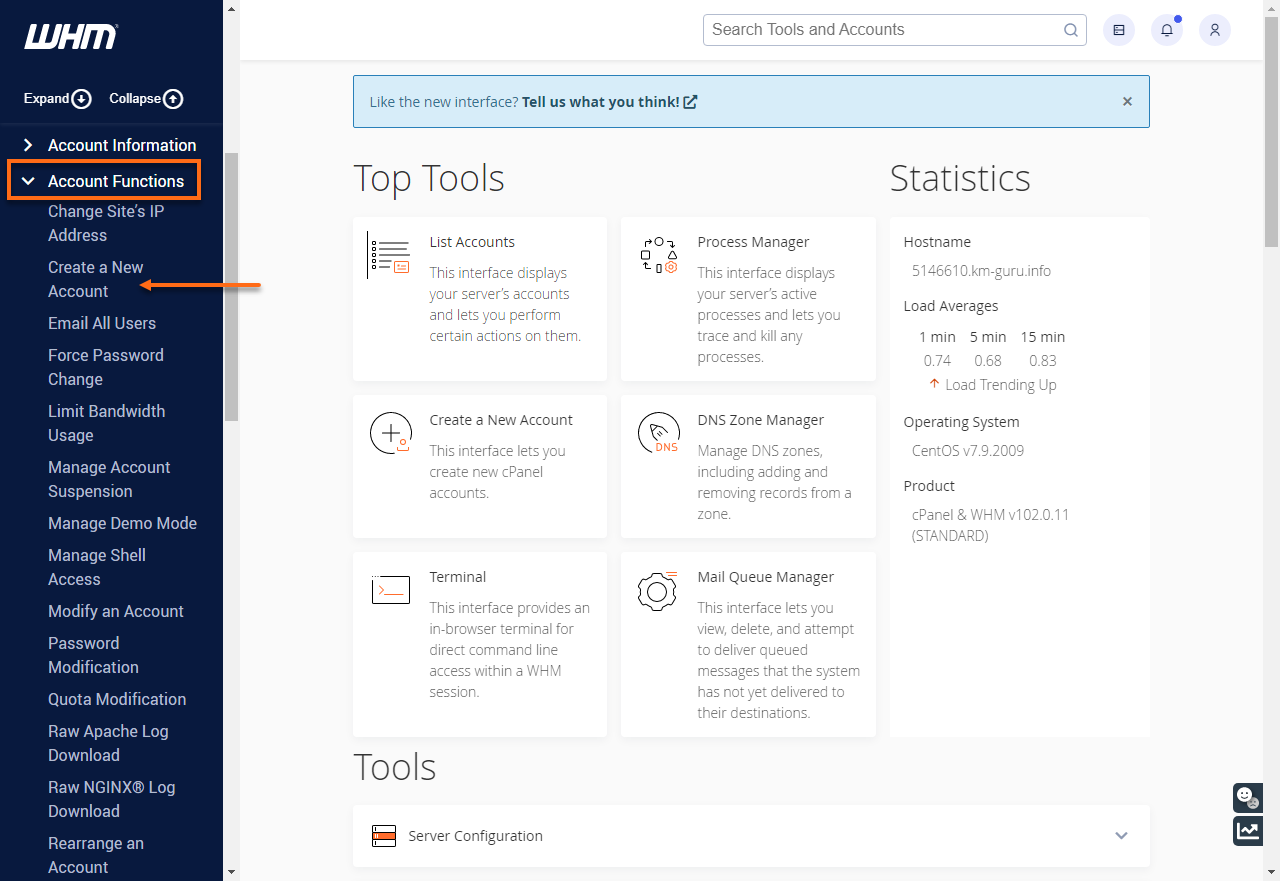 WHM - Create a New Account