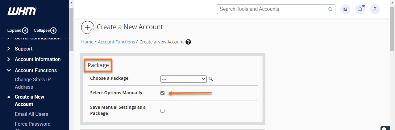 WHM - Select Options Manually