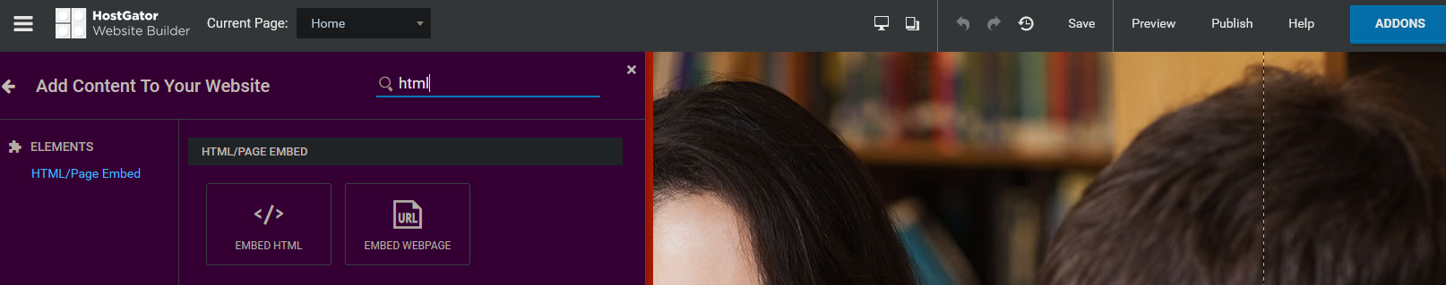 HostGator Site Builder add Embed HTML