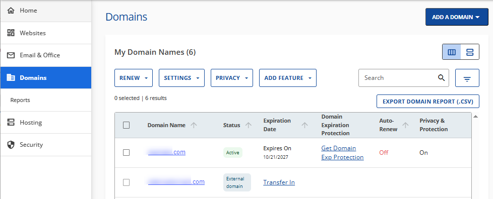 Customer Portal - Domains tab Interface