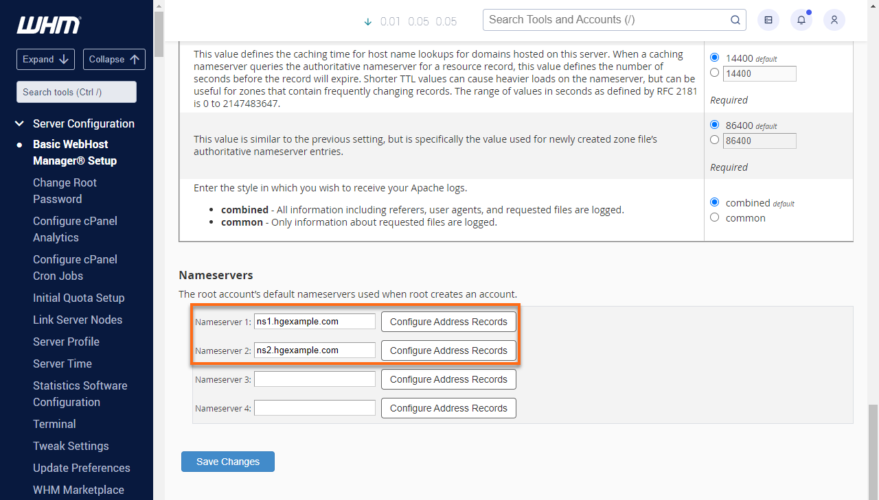 HostGator WHM Basic WebHost Manager Nameservers section