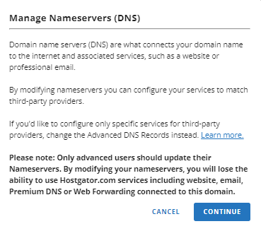 Change name servers pop-up window