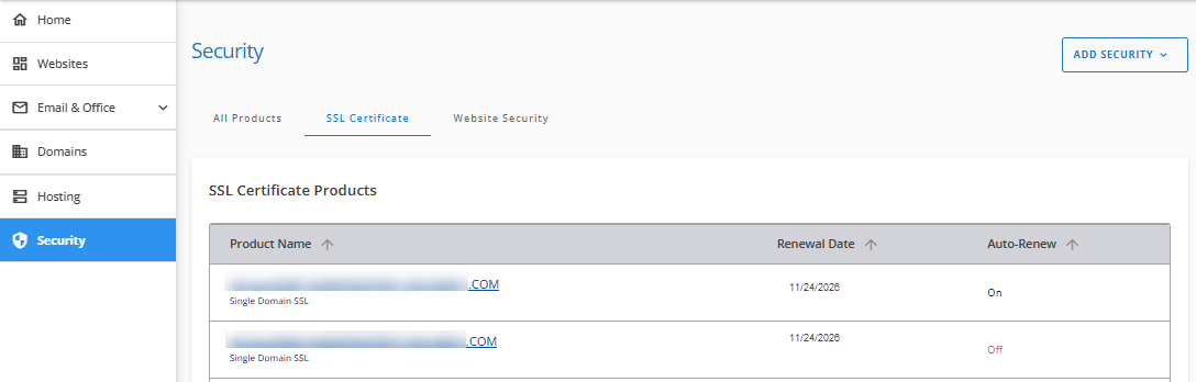Security tab - SSL Certificates tab
