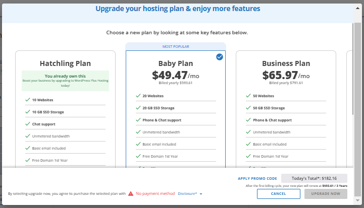 Select hosting plan to upgrade to