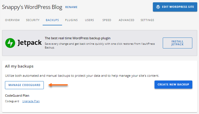 Backups tab - Manage CodeGuard